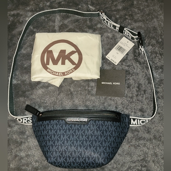 Michael Kors Handbags - Michael Kors Blue Belt Bag with Monogram Print